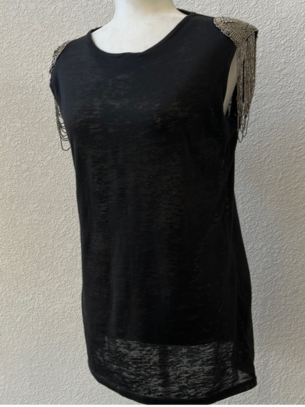 Lindsay Lohan 6126 Black Sleeveless Top with Metallic Shoulder Fringe size small